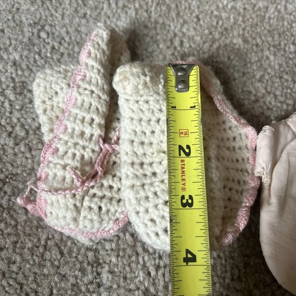 Vtg Pink Off White Crocheted Baby Booties With Tassels AND Pastel Delicate Shoes